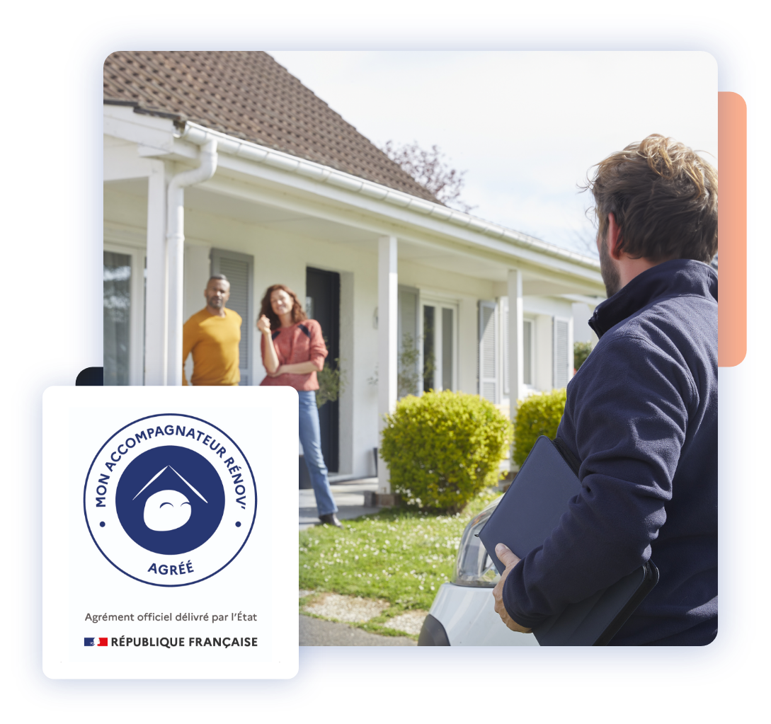 Un auditeur se présente à une maison avec des clients qui l'attendent. Le logo MAR est apposé sur la partie gauche de l'image.